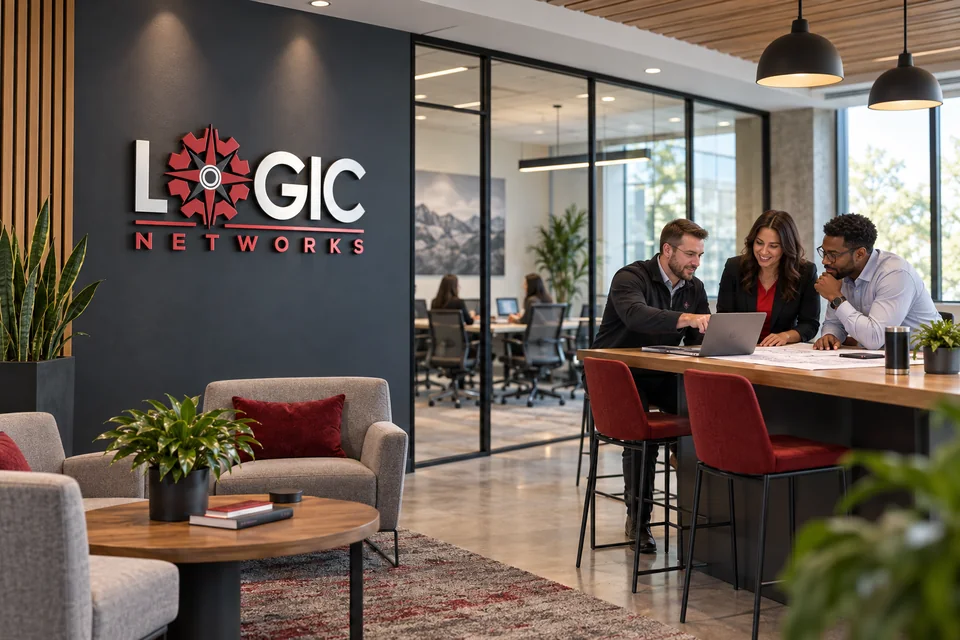 AI-generated concept of a Logic Networks office with our supplied wall branding and people collaborating.
